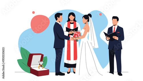 Romantic wedding ceremony scene showing bride and groom exchanging vows before a priest and witness with a diamond ring in foreground.