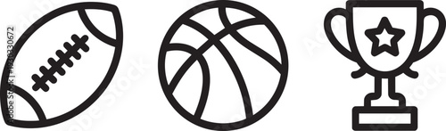 Sporting equipment, trophy, and leisure icons, featuring football, basketball, and a champion's cup
