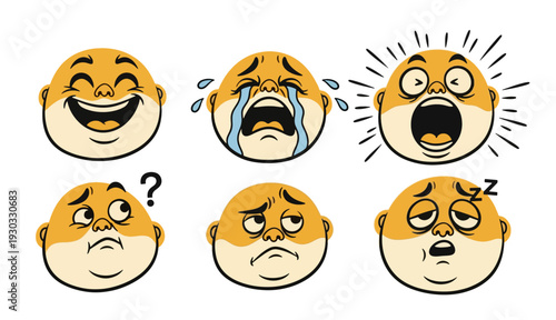 Set of Cartoon Faces Showing Various Emotional Expressions