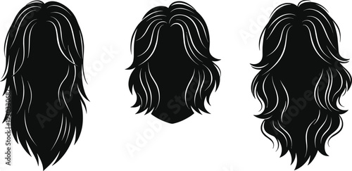 Long wavy hair silhouettes set featuring stylish female hairstyles isolated vector illustration collection for beauty salon and fashion design