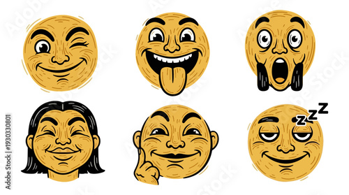 Set of expressive cartoon emoji faces with various emotions