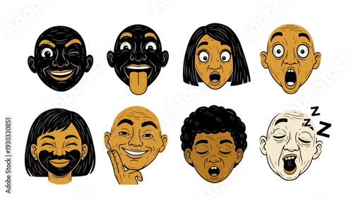 Diverse Cartoon Faces Expressing Various Emotions on White Background
