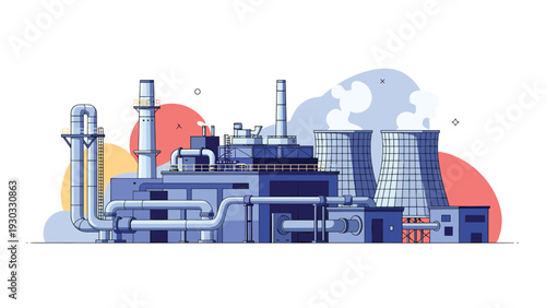 Heavy industrial factory complex with tall chimneys cooling towers and extensive piping system for energy production and manufacturing operations.