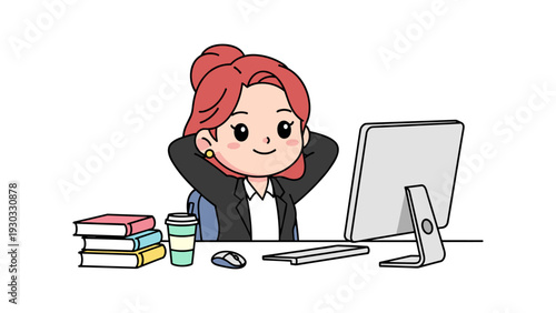 A cheerful red-haired cartoon girl is leaning back in her chair with hands behind her head smiling while sitting at a desk with a computer a stack of books and a coffee cup