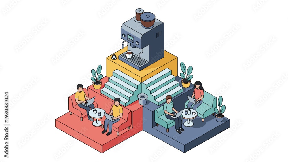 Fototapeta premium Diverse people working on laptops in a modern tiered coffee shop interior designed around a giant espresso machine representing remote work culture.