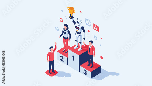 Robot stands on the first place pedestal holding a golden trophy as people celebrate artificial intelligence success in business.