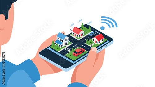 Person holding a smartphone displaying a smart city neighborhood with houses and cars connected via wireless technology and wifi signals.