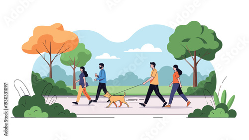 Diverse group of people walking and exercising in a beautiful city park with tall trees, bushes, and a dog on a leash during a sunny day.