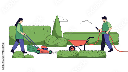 Man and woman working together in a garden using a lawn mower, water hose, and wheelbarrow to maintain green bushes and trees.