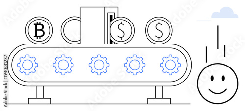 Currency conversion. Cryptocurrency and dollar coins processed on a conveyor belt, creating a happy consumer. Currency transfer, online transactions, digital wallets, fintech, global economy