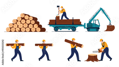 Woodworkers and heavy machinery performing various tasks in the logging industry including cutting, carrying, and transporting timber logs.