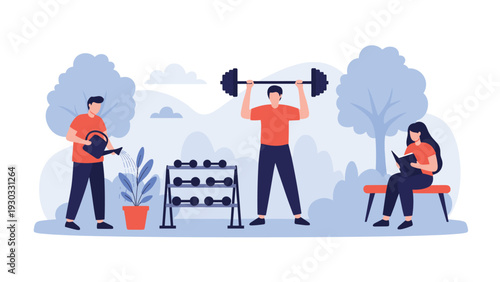 People engaging in different outdoor activities in a park including weightlifting, watering plants, and reading a book on a bench.