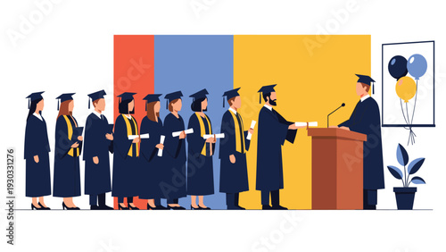 Group of students in academic caps and gowns lining up to receive their diplomas from a professor at a graduation ceremony event.