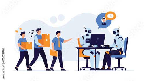 Team of humans and advanced robots collaborating in a modern office environment with boxes, computers, and digital communication bubbles.