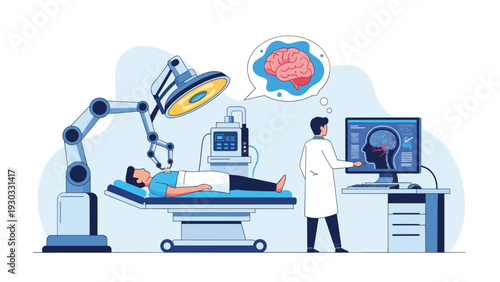 Advanced robotic arm performing a precise surgical procedure on a patient in a high-tech hospital room monitored by a doctor.
