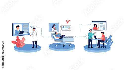 Series of scenes showing telemedicine services including remote doctor consultation, patient monitoring, and online health data analysis.