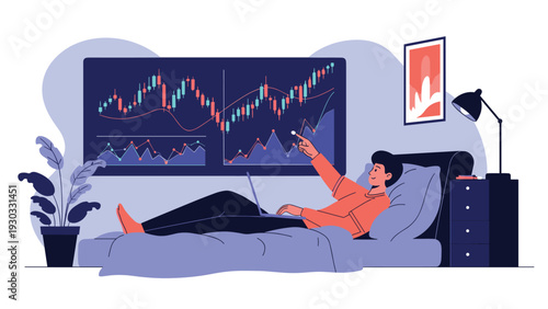 Young man lying in bed using a laptop to monitor and trade on a large screen displaying stock market charts and financial data.