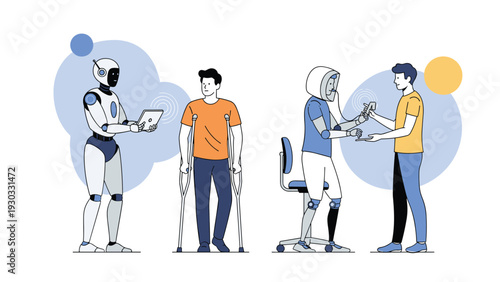 Interaction between a robot and people with physical disabilities featuring advanced prosthetic limbs and bionic technology assistance.