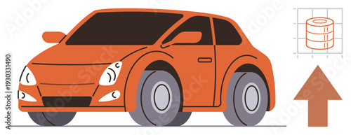 Automotive data, car sales, vehicle statistics, transportation trends, auto market, growth metrics. Orange car with arrow symbol and bar graph. Automotive trends and car sales concept