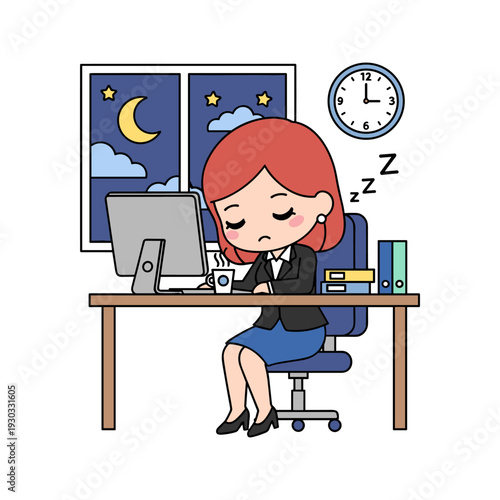 A tired woman with red hair falling asleep at her desk in front of a computer late at night