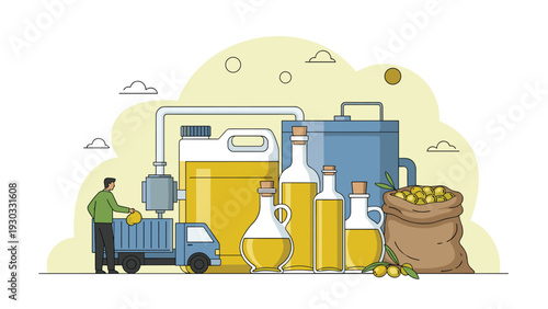 Set of olive oil products including bottles, jars, and a sack of olives with a truck and factory equipment in the background.