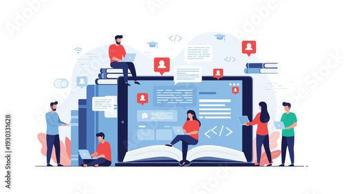 Diverse students and teachers using laptops and digital devices on and around a giant book-shaped screen representing online education.