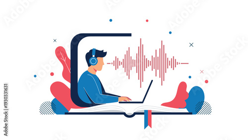 Person wearing headphones and using a laptop to create or edit music with digital sound waves appearing on a giant open book background.