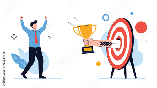 Happy businessman celebrating as a hand holding a golden trophy trophy emerges from the center of a successful bullseye target.