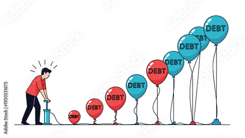 Man using a manual air pump to inflate a long line of balloons labeled with debt representing financial inflation and economic problems.