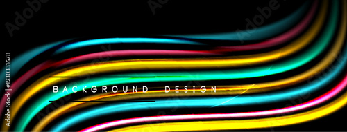 Abstract colorful waves over black background. Dynamic lines create modern design element. Bright hues suggest energy, movement.