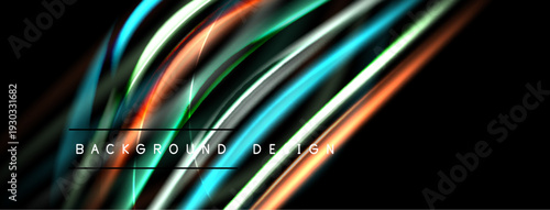 Abstract flowing lines, vibrant colors, dynamic composition. Dark background emphasizes bright streaks, modern design element.