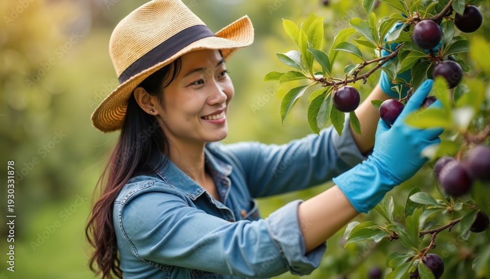 Fototapeta premium Asian woman smiles wearing straw hat and blue gloves picking ripe plums from tree branch. She works in orchard during summer harvesting season, enjoying organic fruit farming and nature.