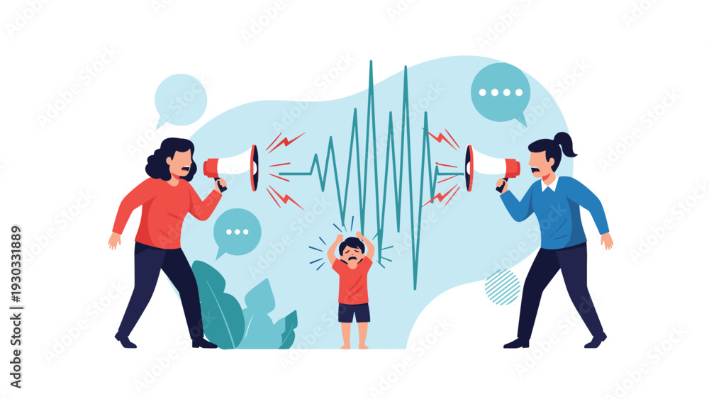 Obraz premium Two people arguing and shouting through megaphones while a small child stands in the middle feeling distressed by the noise and conflict.