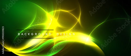 Bright abstract lines create dynamic green, yellow glow. Dark background emphasizes flowing curves, modern design elements.