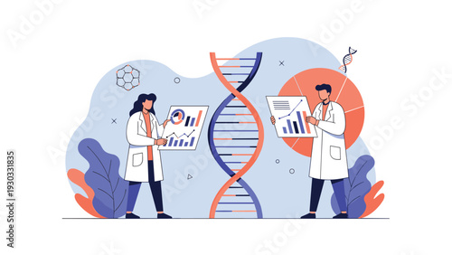 Male and female scientists in lab coats conducting genetic research while analyzing DNA structure and statistical data on paper charts.