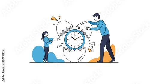 Business professionals working together to hatch a clock from a giant egg representing time management and new beginnings in projects.