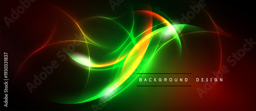Abstract neon lights create vibrant energy. Green, red, yellow hues blend seamlessly, forming flowing shapes against dark backdrop.