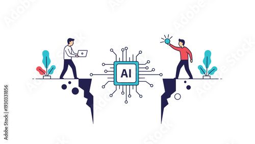 Modern business people collaborating and bridging a gap to connect digital data to a central artificial intelligence chip processor.