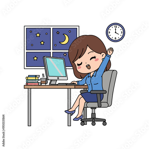 A tired woman sitting at a desk stretching her arms and yawning while working late at night.