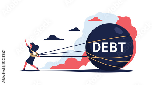 Businesswoman struggling and pulling a heavy black iron ball chained to her waist representing the massive burden of financial debt.