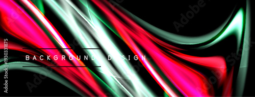 Abstract fluid shapes, vibrant colors, dynamic composition. Red, green, silver blend creating modern visual effect. Background design element.