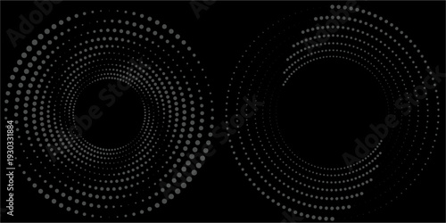 Modern abstract background. Halftone dots in circle form. Spiral logo, icon or design element. Black dots on a white background and white dots on the black side