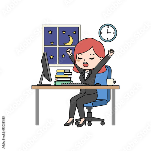 A tired woman stretching and yawning while sitting at her desk with a laptop and books