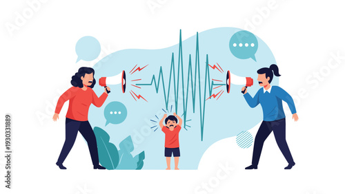 Two people arguing and shouting through megaphones while a small child stands in the middle feeling distressed by the noise and conflict.