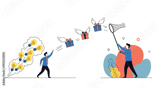 Creative professional throwing light bulb ideas that transform into flying gift boxes being caught by a teammate with a butterfly net.