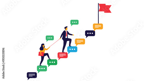 Professional woman helping a colleague climb a set of stairs formed by speech bubbles to reach a success flag at the top of the path.