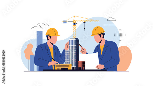 Team of professional architects wearing hard hats and working on a detailed architectural model of a modern skyscraper in an office.