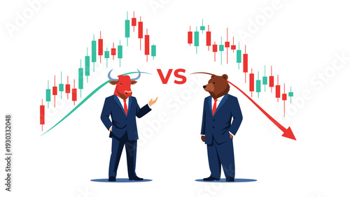 Bull and bear market metaphorical characters in business suits facing each other with volatile stock market price charts in background.