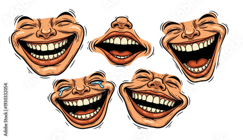 Cartoon style expressive laughing faces with various emotions
