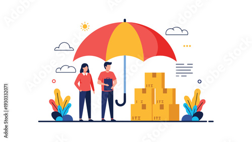 Young couple standing next to a stack of delivery boxes under a giant protective umbrella representing comprehensive insurance coverage.